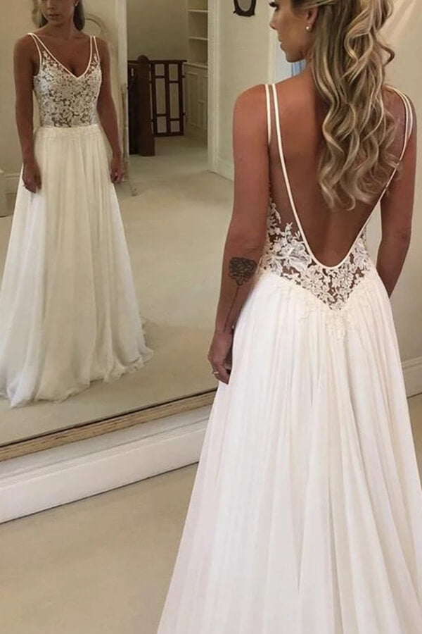 Rückenfreies Brautkleid aus Chiffon mit V-Ausschnitt und Spitze 