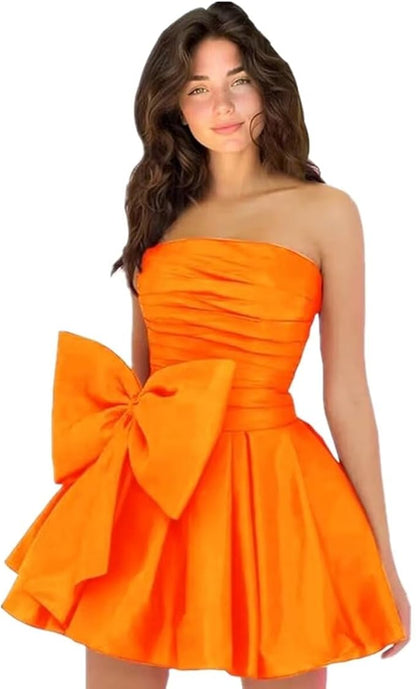 Vestidos de fiesta cortos y elegantes de corte A, sin mangas, sin tirantes, fruncidos, con cordones y lazo