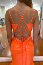 Orange Long Mermaid Spaghetti Straps Backless Prom Dress With Slit