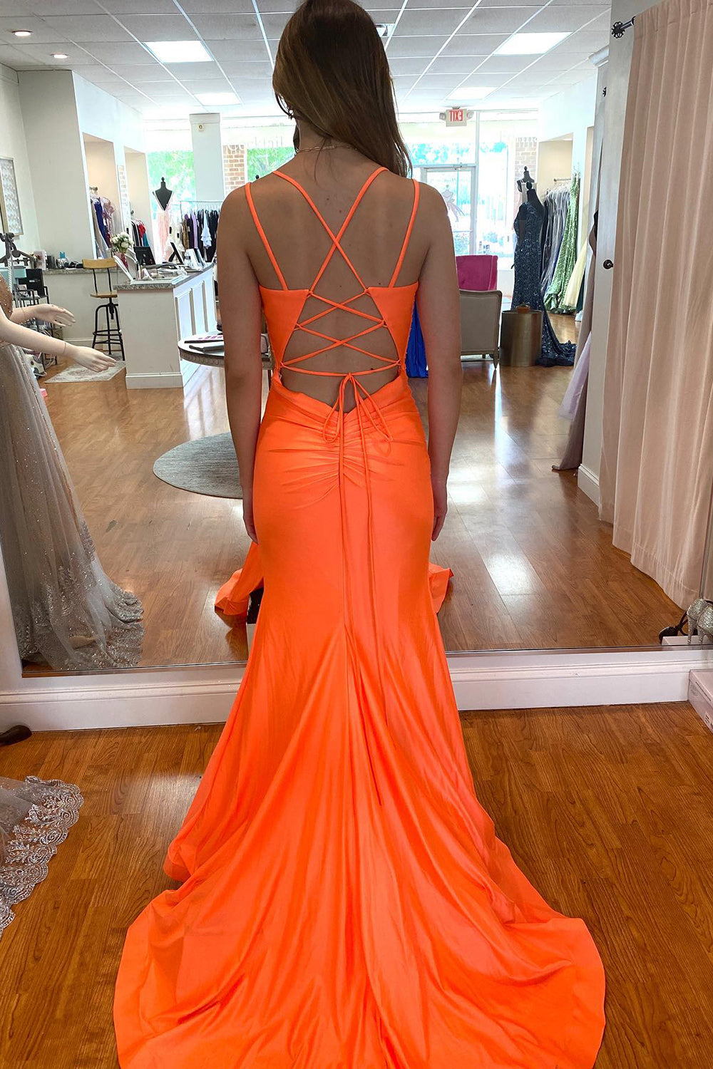 Orange Long Mermaid Spaghetti Straps Backless Prom Dress With Slit