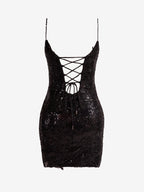 Abito da cerimonia nero con spalline sottili, paillettes e pizzo
