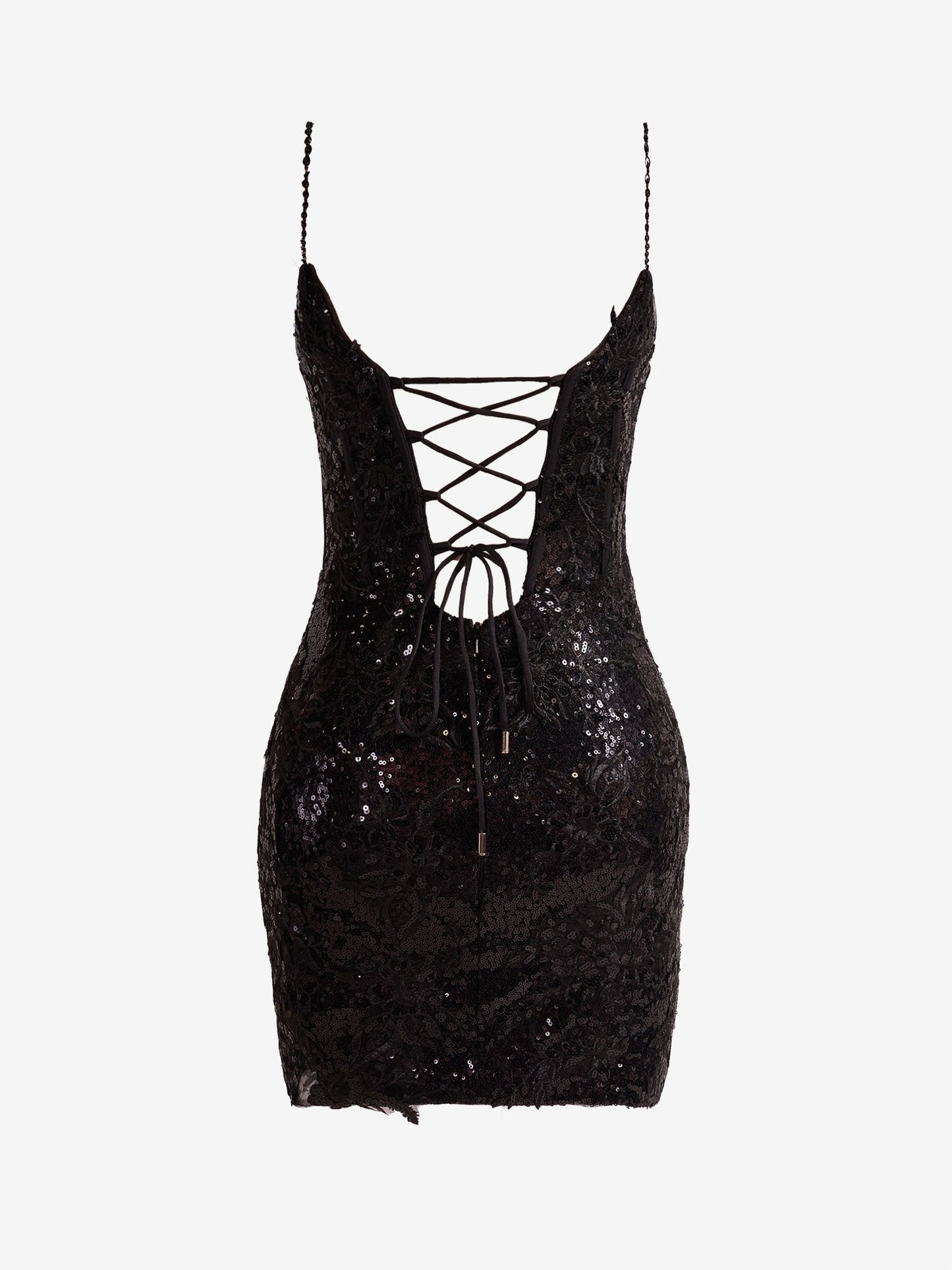 Vestido de fiesta negro con tirantes finos, lentejuelas y encaje