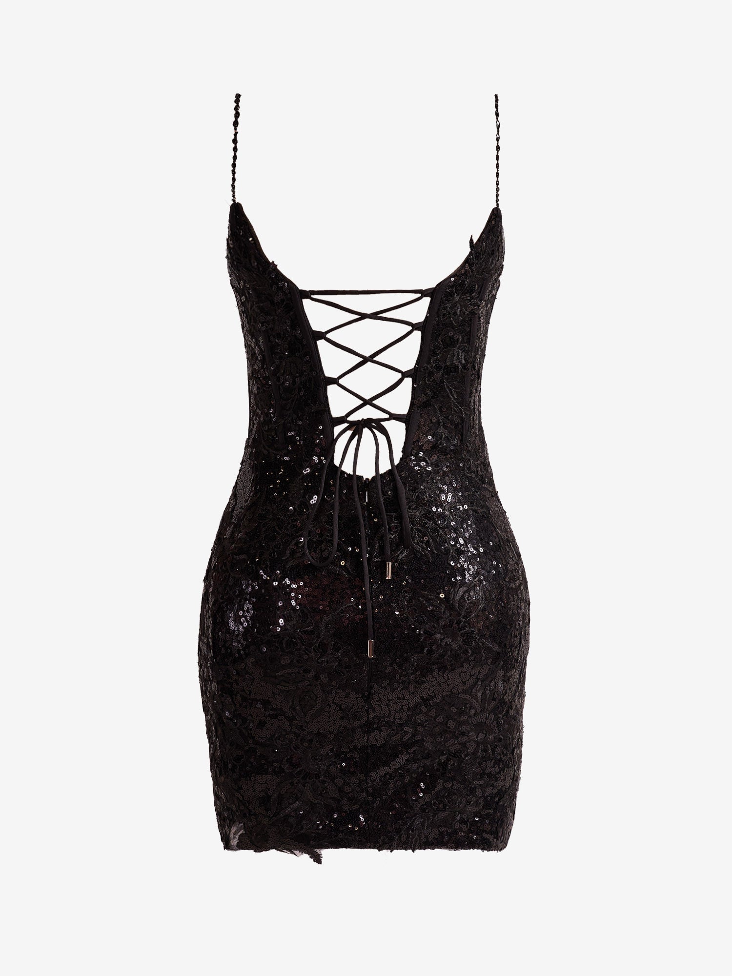 Abito da cerimonia nero con spalline sottili, paillettes e pizzo