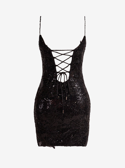 Vestido de fiesta negro con tirantes finos, lentejuelas y encaje