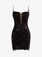 Abito da cerimonia nero con spalline sottili, paillettes e pizzo