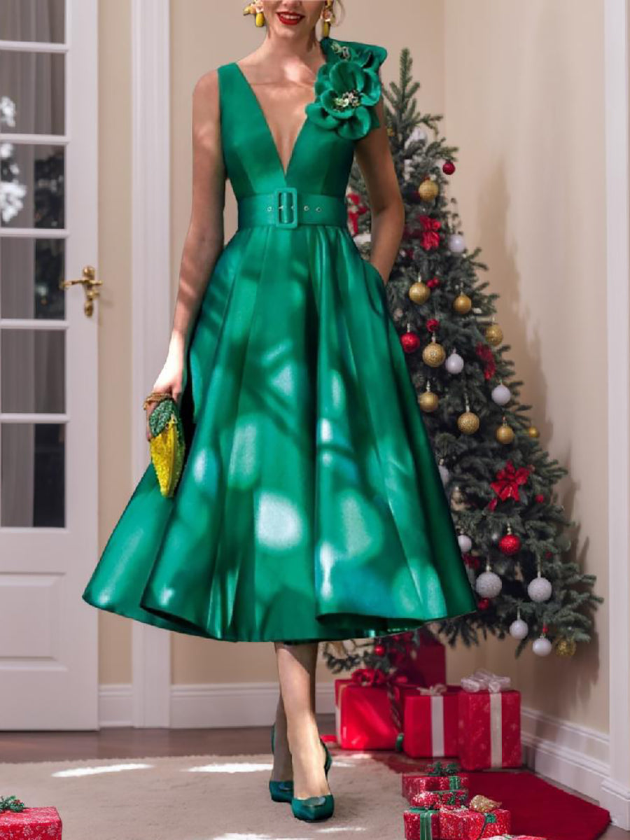 V Neck Sleeveless A Line Tea Length Mother Of The Bride Dress With Sash