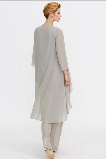 Fato de Calças de 3 Peças Vestido para Mãe da Noiva Tamanho Grande Comprimento ao Chão em Chiffon