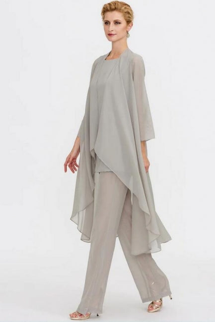Fato de Calças de 3 Peças Vestido para Mãe da Noiva Tamanho Grande Comprimento ao Chão em Chiffon