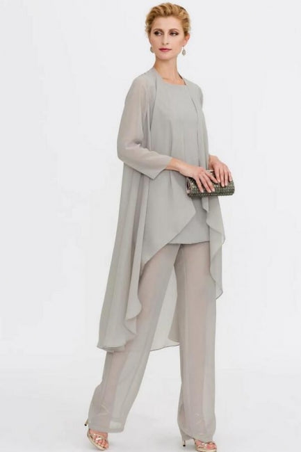 Fato de Calças de 3 Peças Vestido para Mãe da Noiva Tamanho Grande Comprimento ao Chão em Chiffon