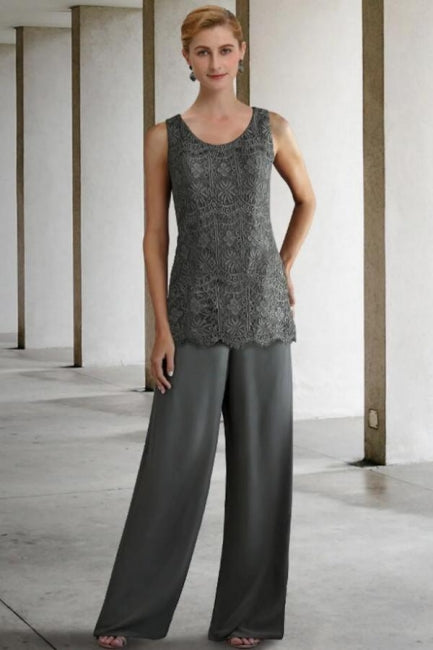 Fato de Calças de 3 Peças Vestido para Mãe da Noiva Tamanho Grande com Renda