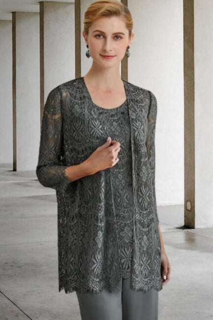 Fato de Calças de 3 Peças Vestido para Mãe da Noiva Tamanho Grande com Renda