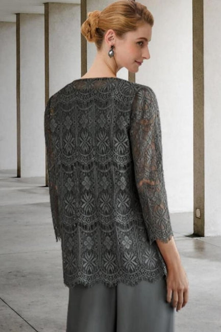 Fato de Calças de 3 Peças Vestido para Mãe da Noiva Tamanho Grande com Renda