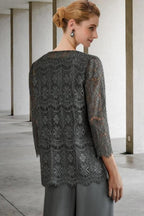 Fato de Calças de 3 Peças Vestido para Mãe da Noiva Tamanho Grande com Renda
