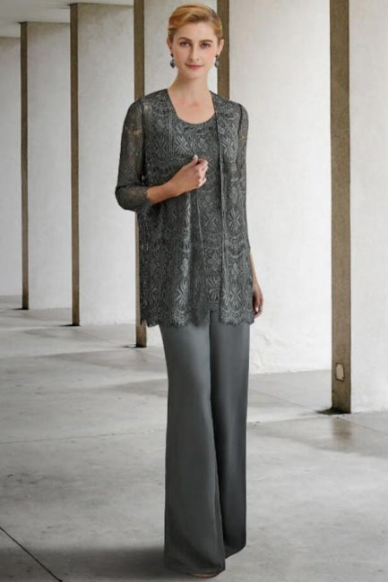 Traje de pantalón de 3 piezas, vestido de madre de la novia, talla grande, con encaje