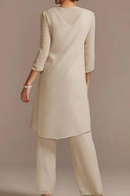 Fato de Calças Vestido de Mãe da Noiva Comprimento ao Chão Chiffon Renda Manga 3/4
