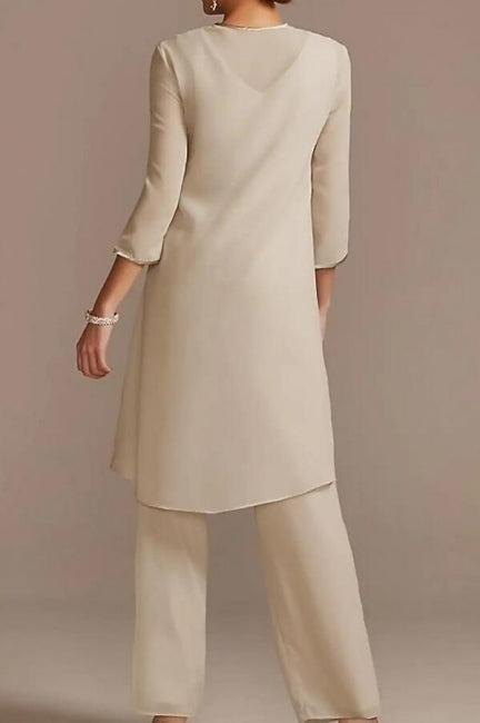 Vestido de madre de la novia, traje de pantalón, largo hasta el suelo, de gasa, con encaje y mangas 3/4