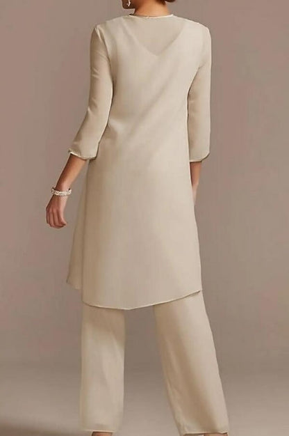 Vestido de madre de la novia, traje de pantalón, largo hasta el suelo, de gasa, con encaje y mangas 3/4