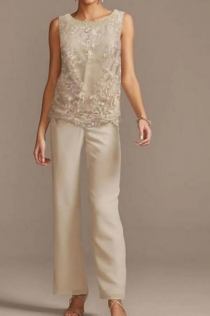 Vestido de madre de la novia, traje de pantalón, largo hasta el suelo, de gasa, con encaje y mangas 3/4