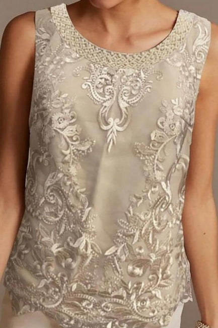 Fato de Calças Vestido de Mãe da Noiva Comprimento ao Chão Chiffon Renda Manga 3/4