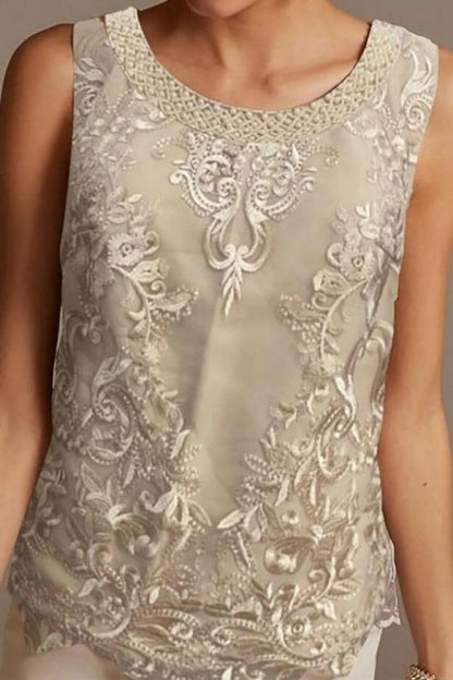 Vestido de madre de la novia, traje de pantalón, largo hasta el suelo, de gasa, con encaje y mangas 3/4