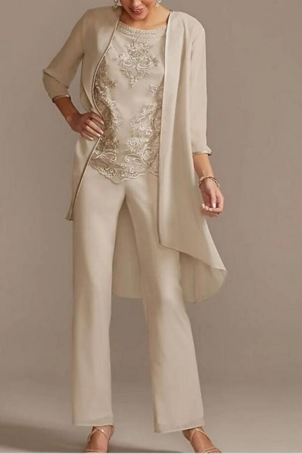 Vestido de madre de la novia, traje de pantalón, largo hasta el suelo, de gasa, con encaje y mangas 3/4