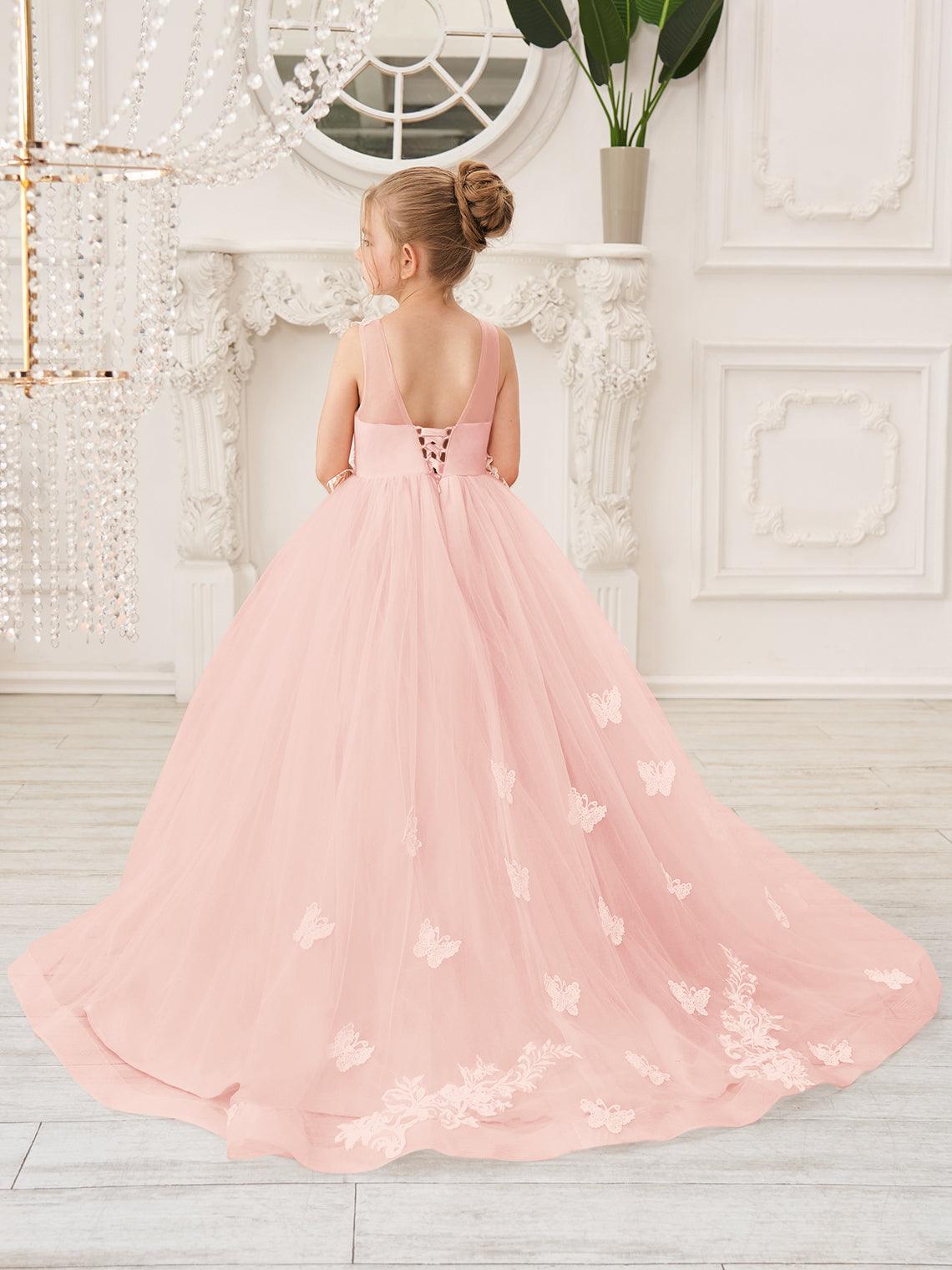 Elegant Sleeveless Tulle Flower Girl Dress With Applique Lace And Sweep Train