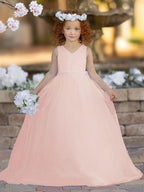 Floor Length V Neck Satin Tulle Princess Flower Girl Dress