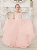 Elegant White Tulle Flower Girl Applique Lace Dress With Sweep Train