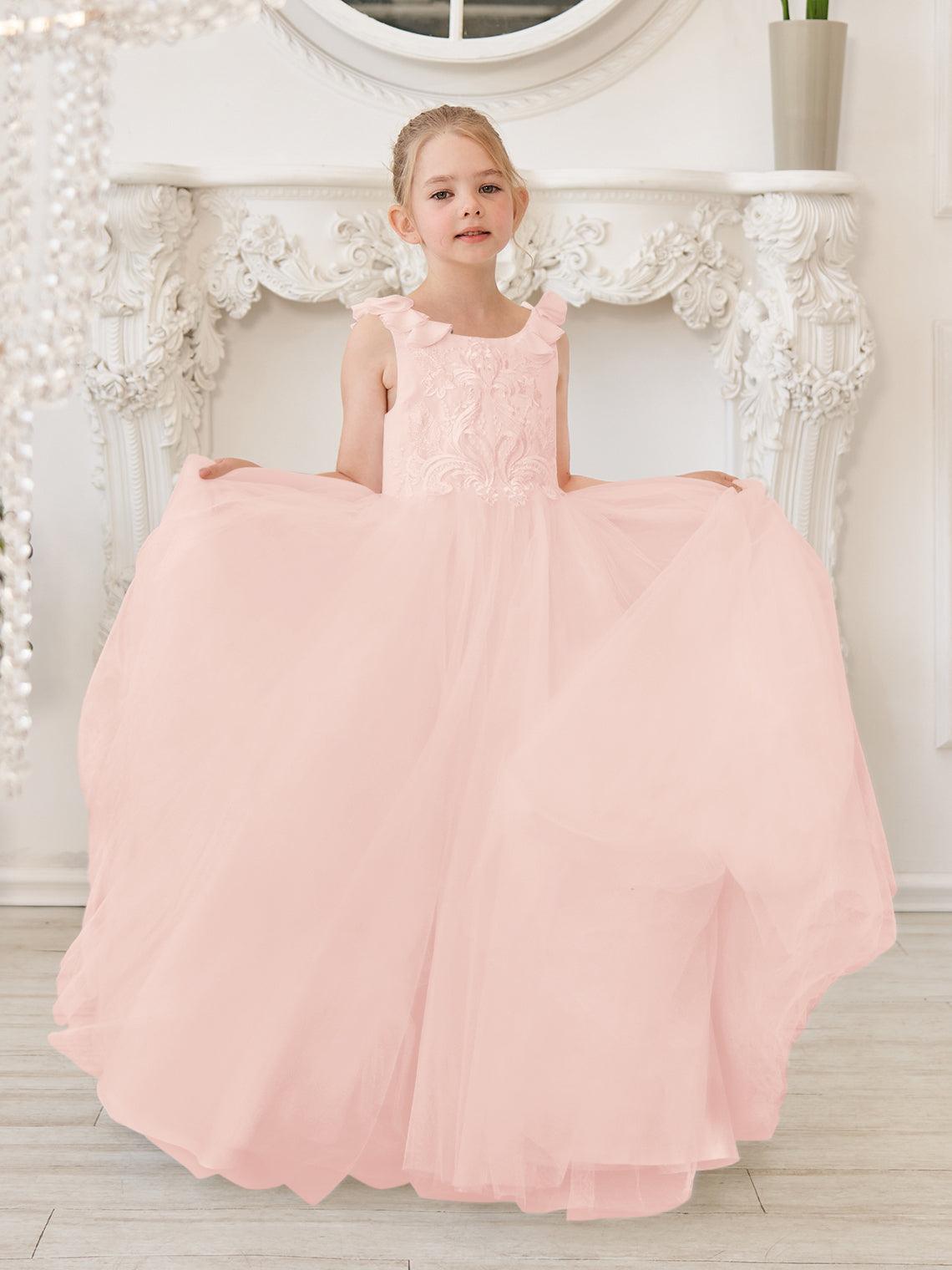 Elegant White Tulle Flower Girl Applique Lace Dress With Sweep Train