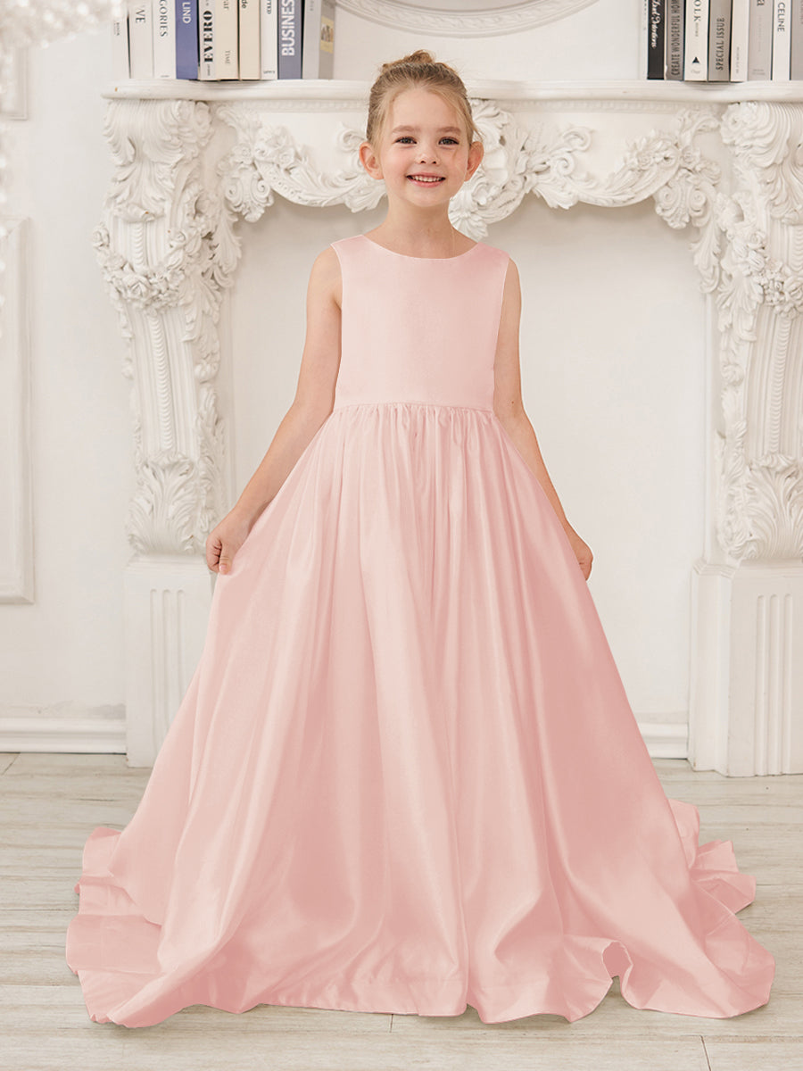 Robe de demoiselle d'honneur en satin sans manches de princesse coupe A avec traîne et nœud 