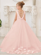 Elegant White Tulle Flower Girl Applique Lace Dress With Sweep Train