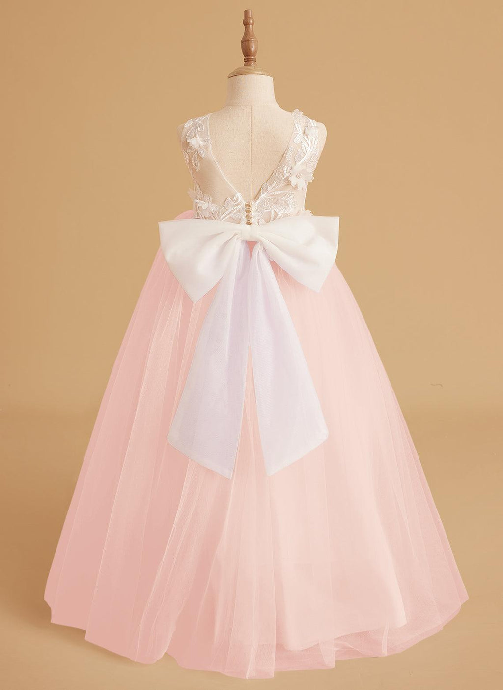Sleeveless Princess Flower Girl Dress With Detachable Train And Beaded Lace
