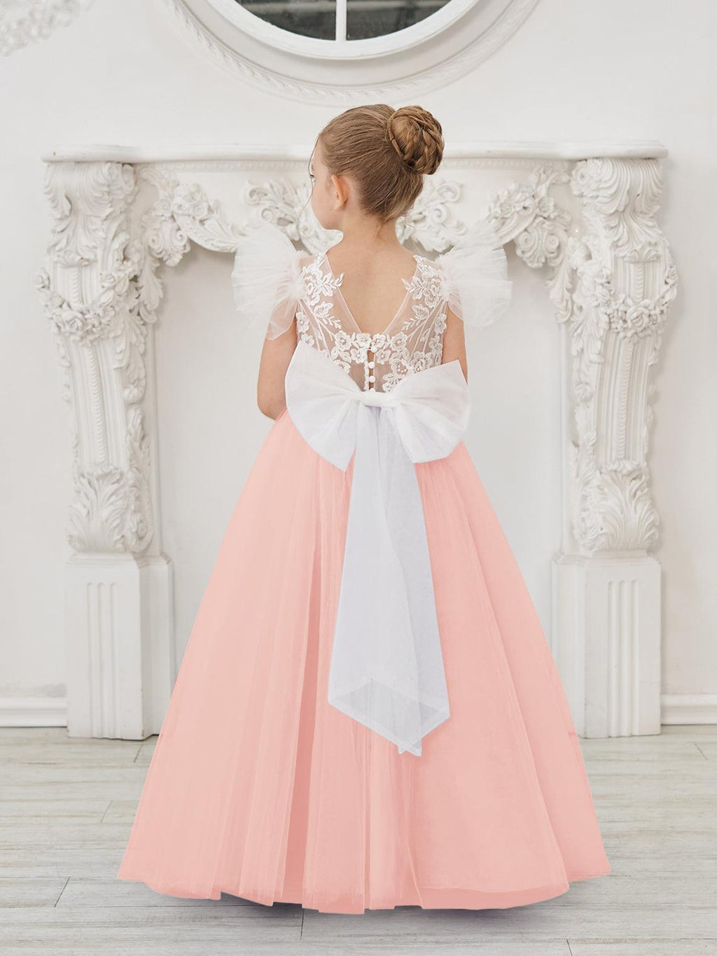 Detachable Lace Tulle Flower Girl Dress With Bow And Sweep Train