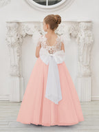 Detachable Lace Tulle Flower Girl Dress With Bow And Sweep Train