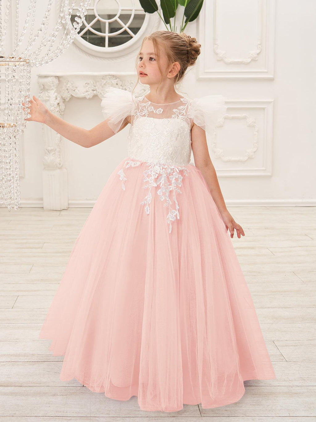 Detachable Lace Tulle Flower Girl Dress With Bow And Sweep Train