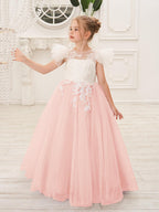 Detachable Lace Tulle Flower Girl Dress With Bow And Sweep Train