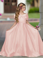 Ivory Satin Flower Girl Princess Ball Gown With Sweep Train And Bow Trim