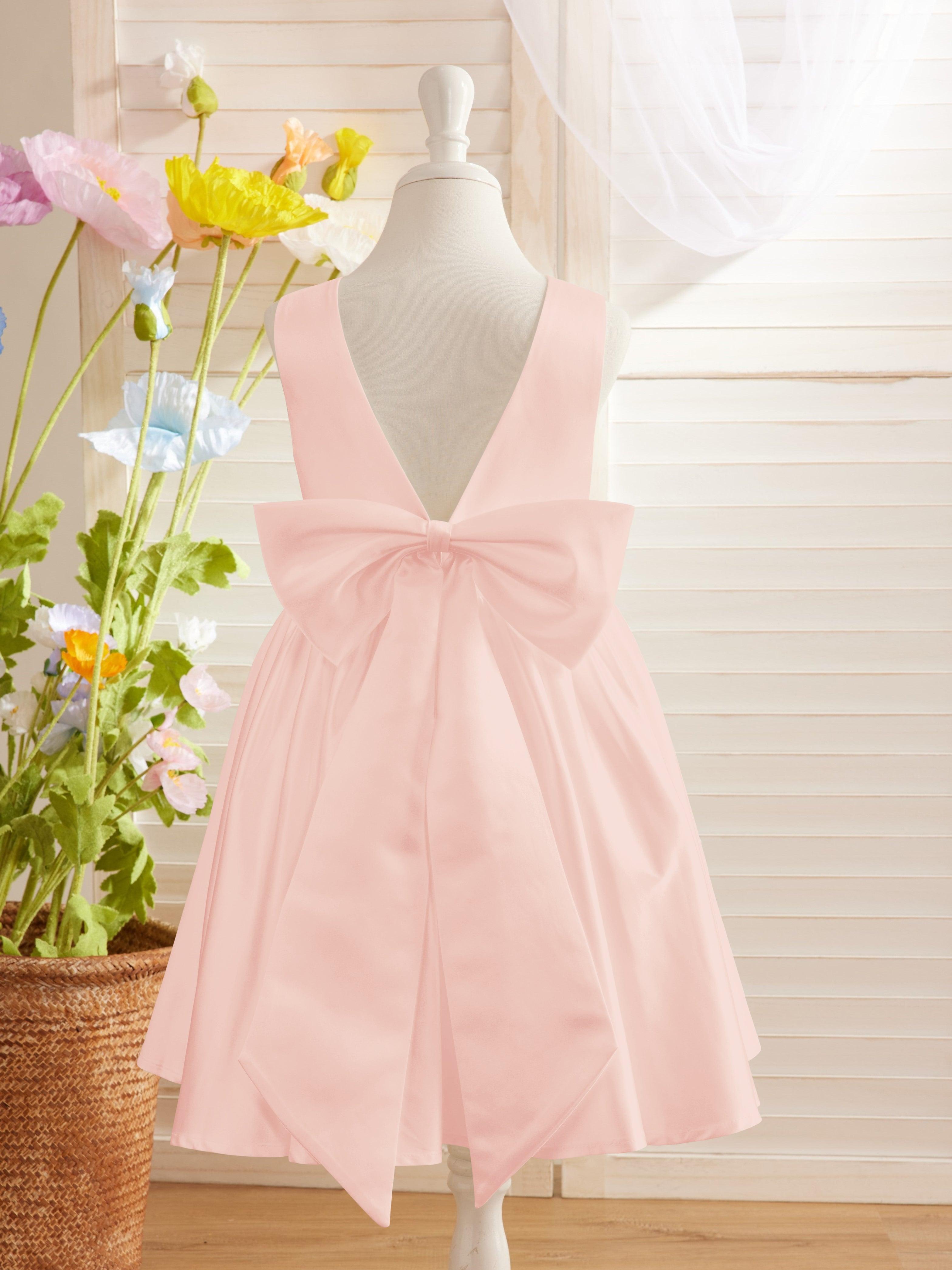 Ivory Satin Knee Length Flower Girl Dress Princess A Line Bow