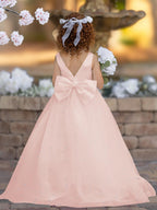 Floor Length V Neck Satin Tulle Princess Flower Girl Dress