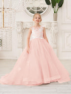 Elegant Sleeveless Tulle Flower Girl Dress With Applique Lace And Sweep Train
