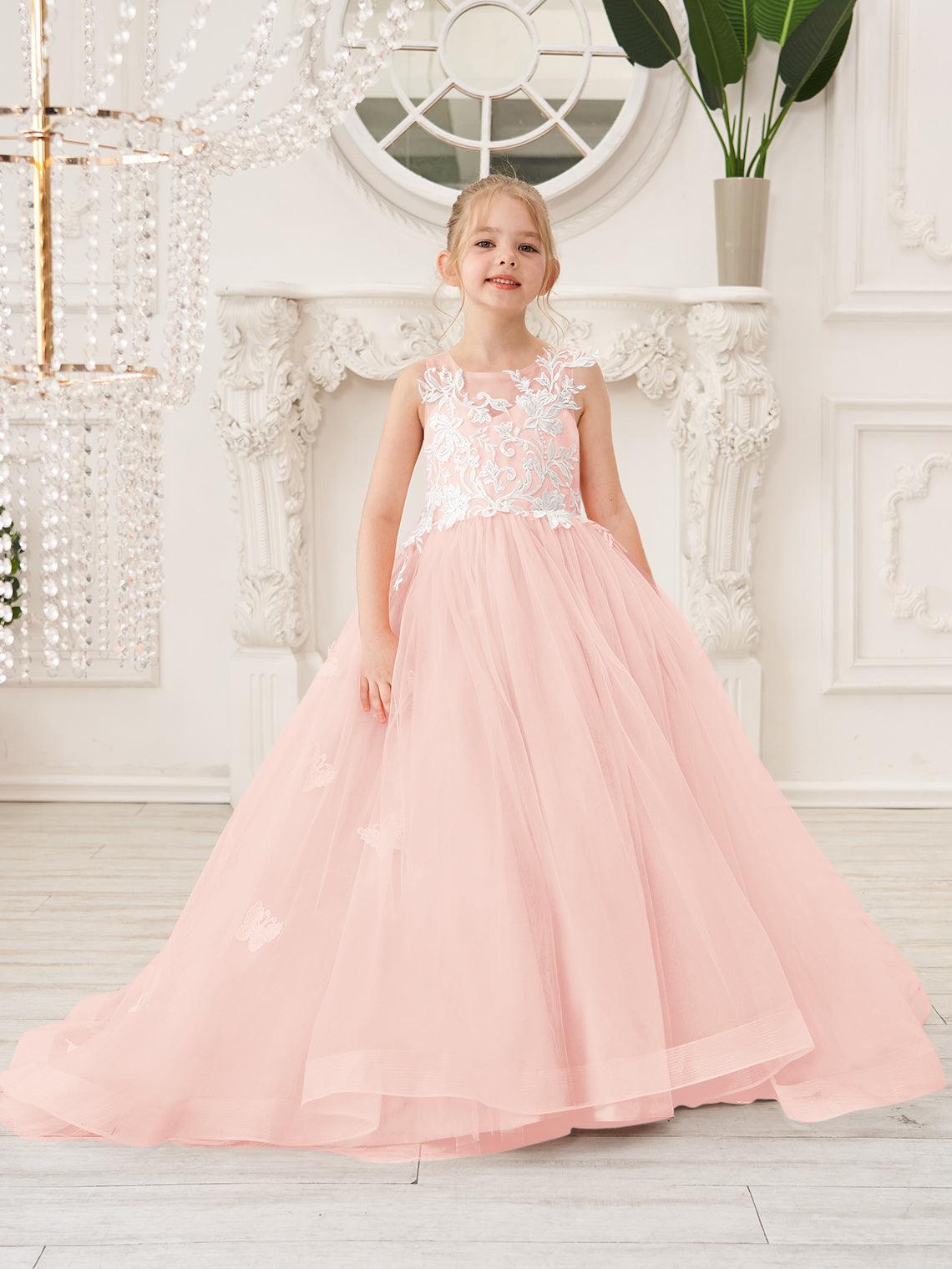 Elegant Sleeveless Tulle Flower Girl Dress With Applique Lace And Sweep Train