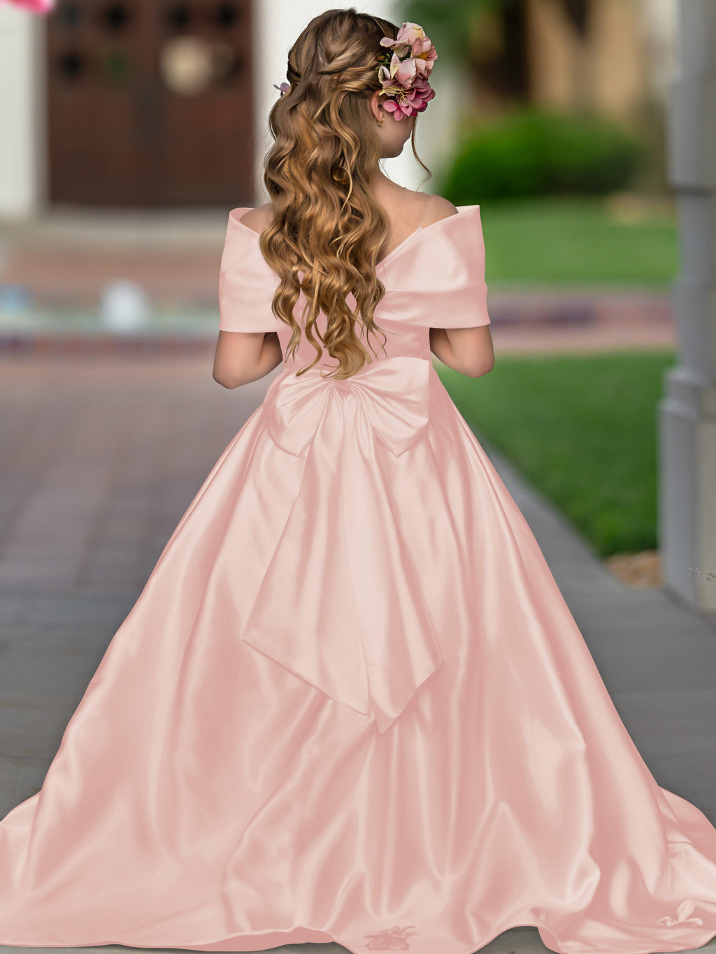 Ivory Satin Flower Girl Princess Ball Gown With Sweep Train And Bow Trim