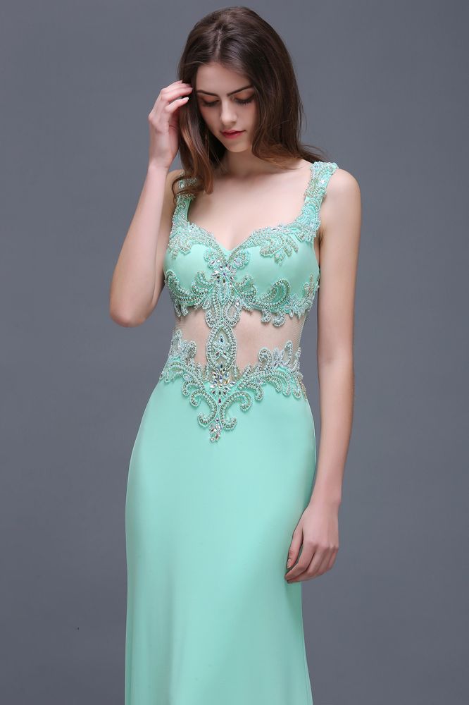 Pearls Sheath Straps Floor-Length Mint Green Prom Dresses