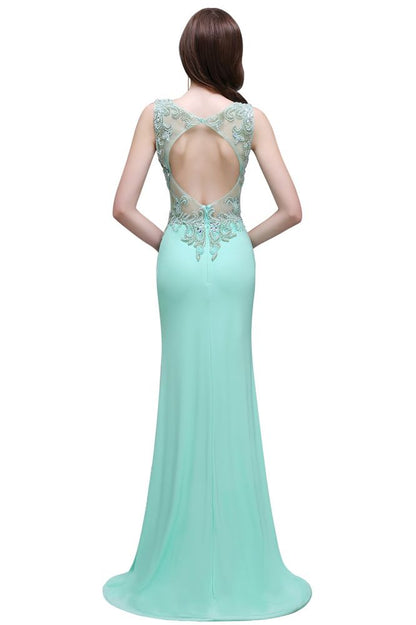 Pearls Sheath Straps Floor-Length Mint Green Prom Dresses