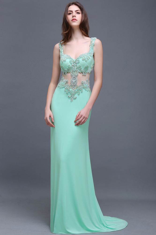 Pearls Sheath Straps Floor-Length Mint Green Prom Dresses