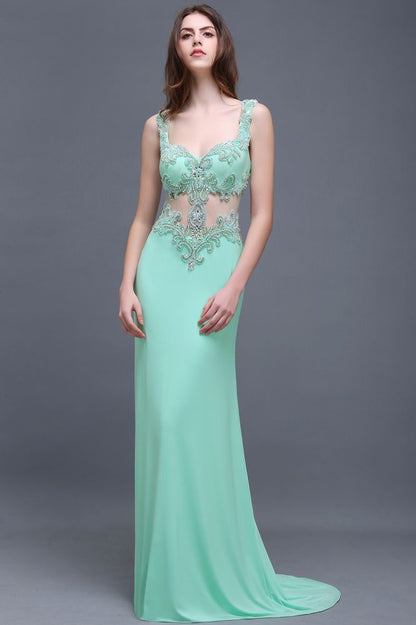 Pearls Sheath Straps Floor-Length Mint Green Prom Dresses