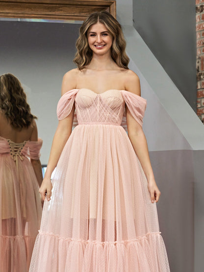 A-Linien-Ballkleid aus rosa Tüll mit Herzausschnitt und bodenlangem Saum