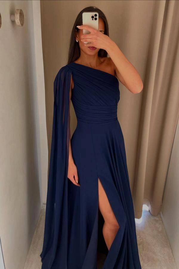 Pink Chiffon A Line Prom Dress One Shoulder Floor Length Ruched Bodice Slit
