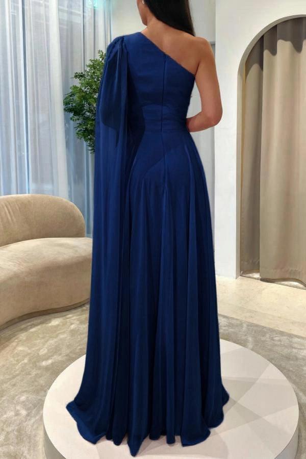 Pink Chiffon A Line Prom Dress One Shoulder Floor Length Ruched Bodice Slit