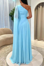 Pink Chiffon A Line Prom Dress One Shoulder Floor Length Ruched Bodice Slit
